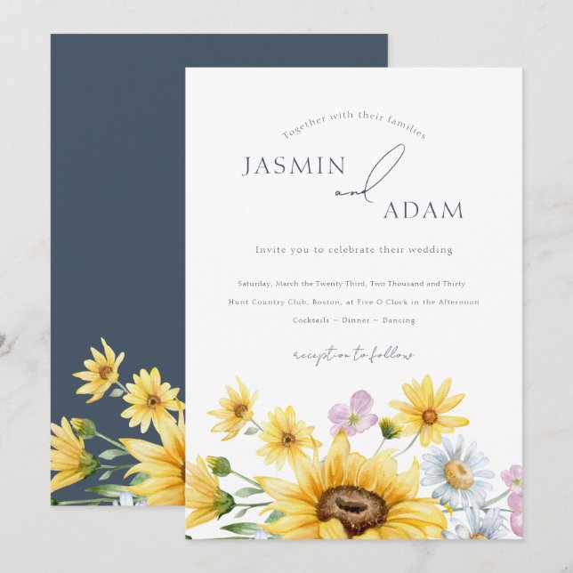 Convites Casamento Floral de Girassol Branco Elegante (Frente/Verso)