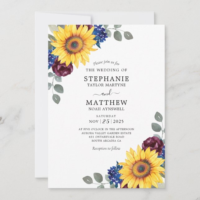 Convites Casamento Floral de Girassol Burgundy Marinho Wate (Frente)