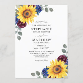 Convites Casamento Floral de Girassol Burgundy Marinho Wate
