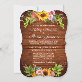Convites Casamento Floral de Girassol de Madeira Rústica