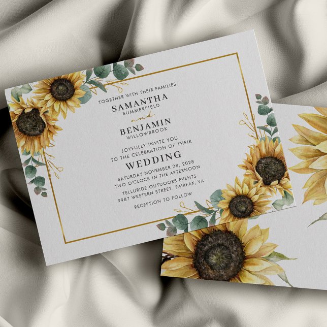 Convites Casamento Floral de Girassol e Eucalyptus Greenery (Sunflower Floral Eucalyptus Elegant Wedding Invitation)