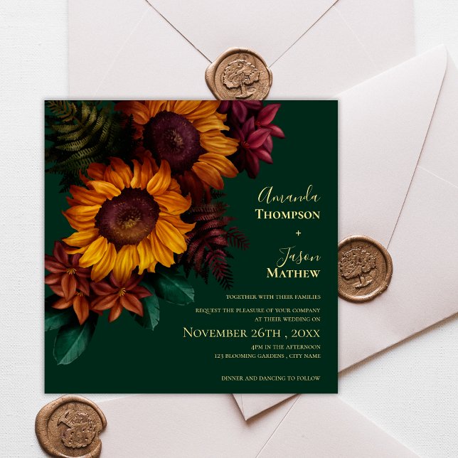 Convites Casamento Floral de Girassol e Girassol Laranja Qu (Emerald & Burnt Orange Sunflower Floral Wedding Invitation)