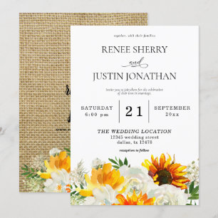 Convites Casamento Floral De Girassol E Rosa Branca- Burlap