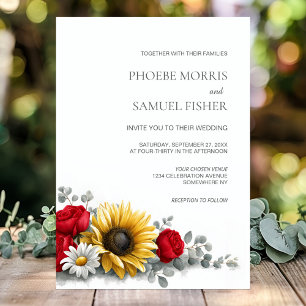 Convites Casamento Floral de Girassol e Rosa Vermelha
