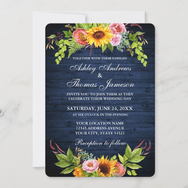 Convites Casamento Floral de Girassol em Madeira Azul Rústi (Frente)