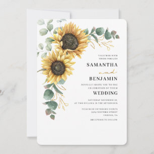 Convites Casamento Floral de Girassol Eucalipto em Aquarela