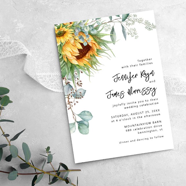 Convites Casamento Floral de Girassol Eucalipto Rústico (Criador carregado)