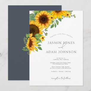 Convites Casamento Floral de Girassol Simples Azul Ardósia