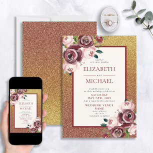 Convites Casamento Floral de Glam Burgundy Rosa Dourado Gli