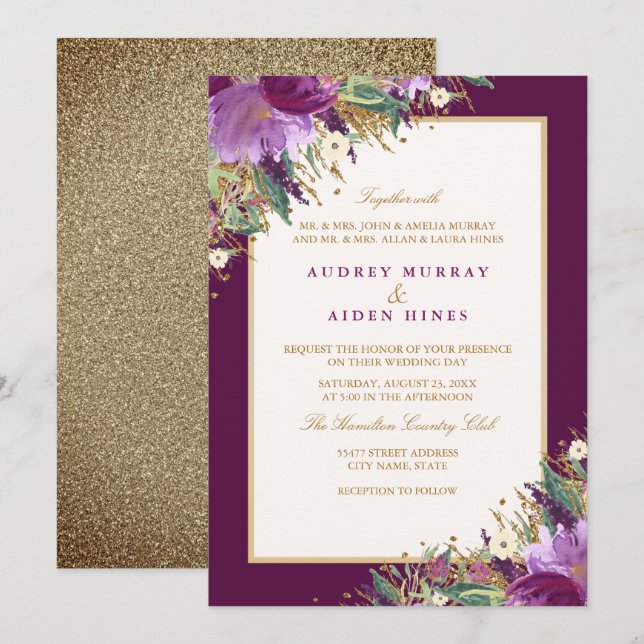 Convites Casamento Floral de Glitter Roxo Amethista (Frente/Verso)