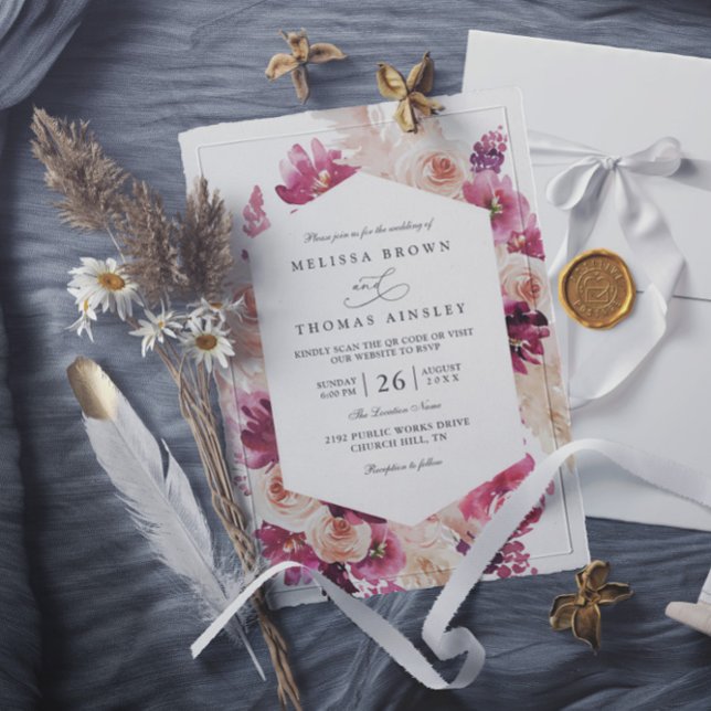 Convites Casamento Floral de Grama de Pampas Rosa Boho Códi (Criador carregado)