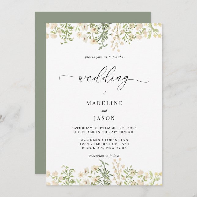 Convites Casamento Floral de Greenery com Script Whimsical (Frente/Verso)