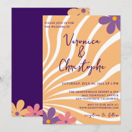 Convites Casamento Floral De Groovy Retro Laranja Roxo