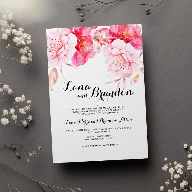 Convites Casamento floral de guião branco-rosa-rosa, branco (Botanical pink white classic script floral wedding)