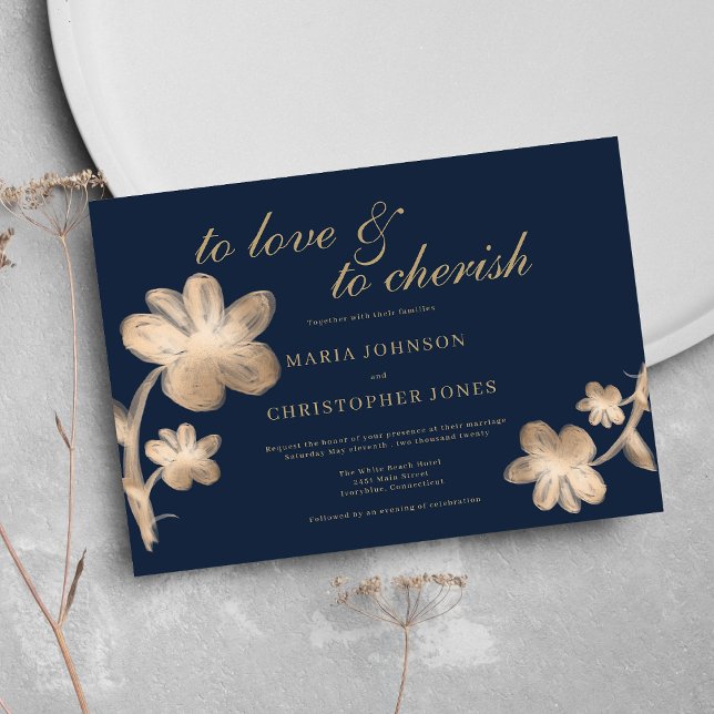 Convites Casamento floral de guião marinho azul esfolado de (Elegant navy blue chic gold script floral Wedding )