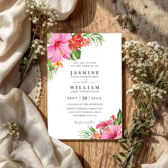 Convites Casamento Floral de Hibisco Tropical Código QR Ele (Criador carregado)