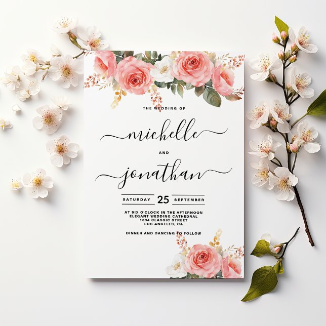 Convites Casamento floral de horta branca rosa-penteada (Watercolor blush pink white mint floral wedding)
