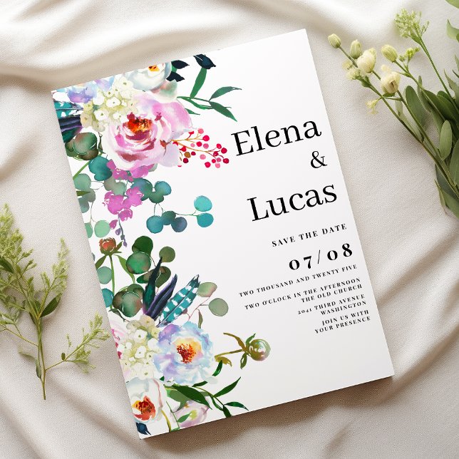 Convites Casamento floral de horta rosa branco-d'água (Watercolor white pink mint peony floral wedding)