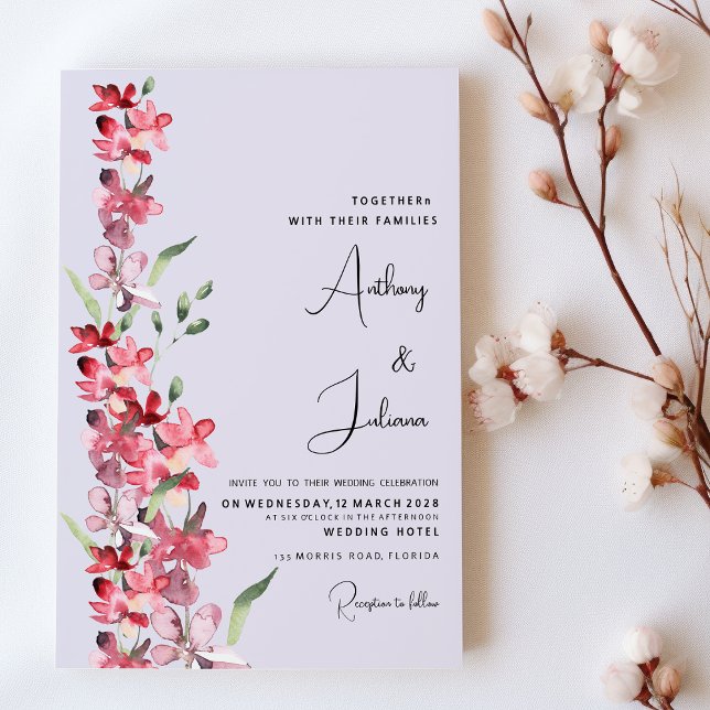 Convites Casamento floral de horta rosa-lavanda (Lavender pink burgundy mint floral Wedding )