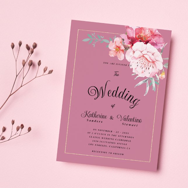Convites Casamento floral de horta rosa-rosa (Botanical pink mint formal script floral wedding )
