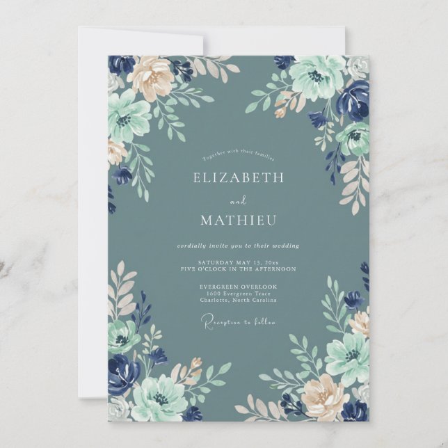 Convites Casamento Floral de Hortelã Azul Aço (Frente)