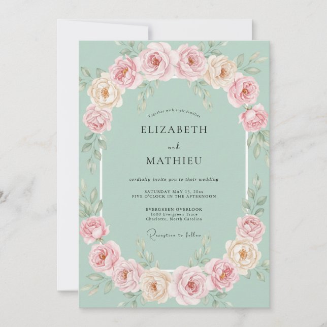 Convites Casamento Floral de Hortelã e Pêssego (Frente)