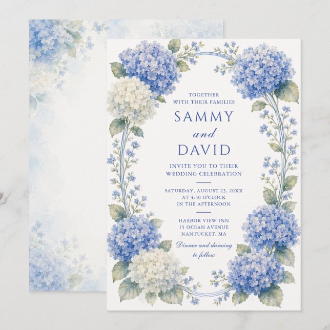 Convites Casamento Floral de Hortênsia Azul (Frente/Verso)