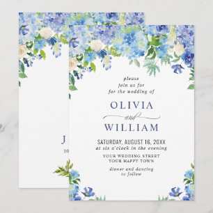 Convites Casamento Floral de Hortênsia Azul Elegante em Aqu