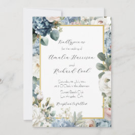 Convites Casamento Floral de Hortênsia Azul Empoeirado 