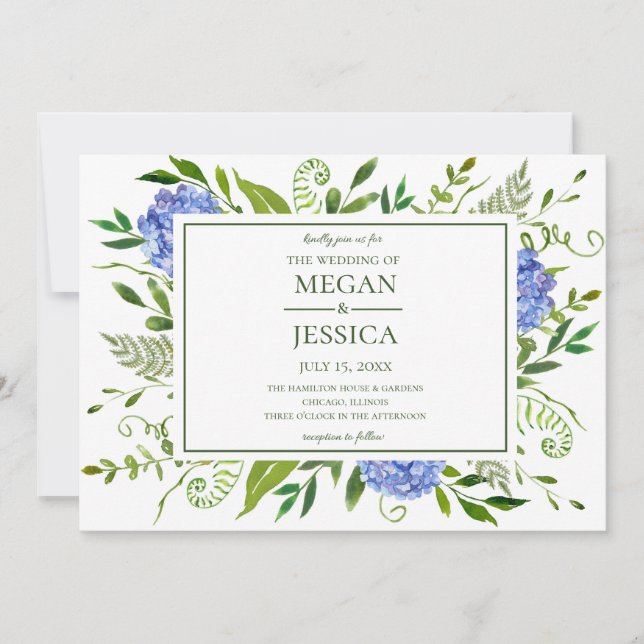 Convites Casamento Floral de Hortênsias Azuis LGBTQ (Frente)