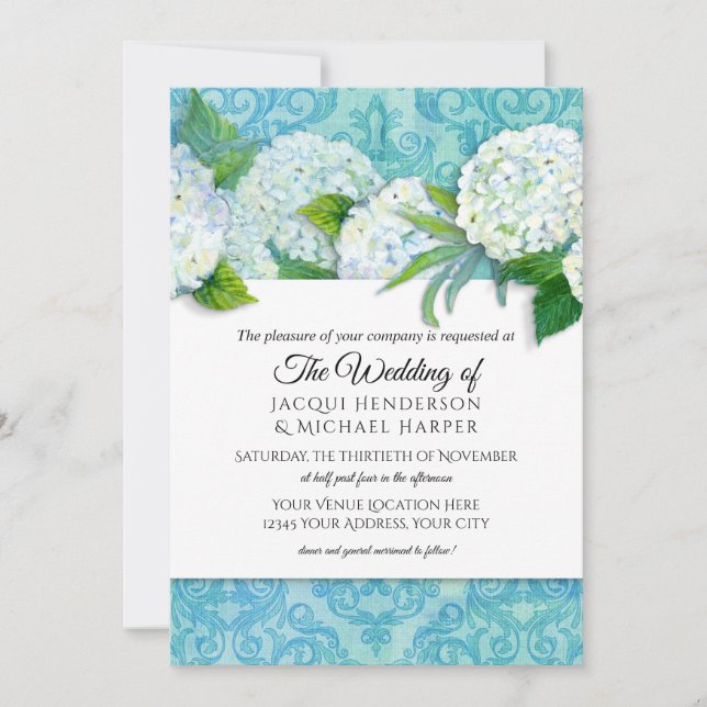 Convites Casamento Floral de Hydrangea Azul Azul e Damask (Frente)