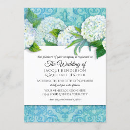 Convites Casamento Floral de Hydrangea Azul Azul e Damask