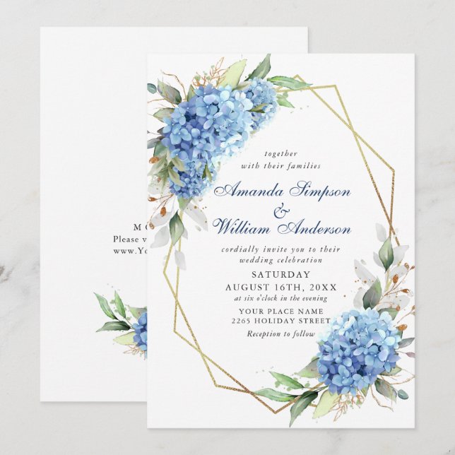 Convites Casamento Floral de Hydrangea Blue Watercolor (Frente/Verso)