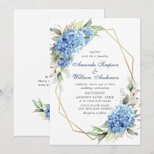 Convites Casamento Floral de Hydrangea Blue Watercolor