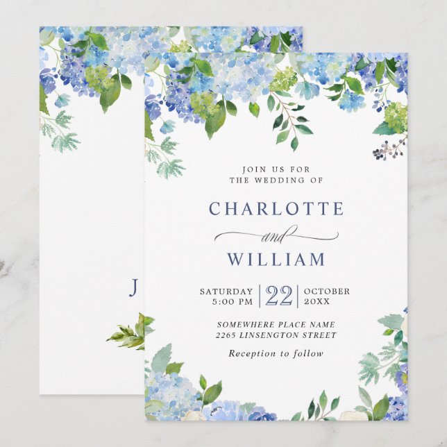 Convites Casamento Floral de Hydrangea Blue Watercolor (Frente/Verso)