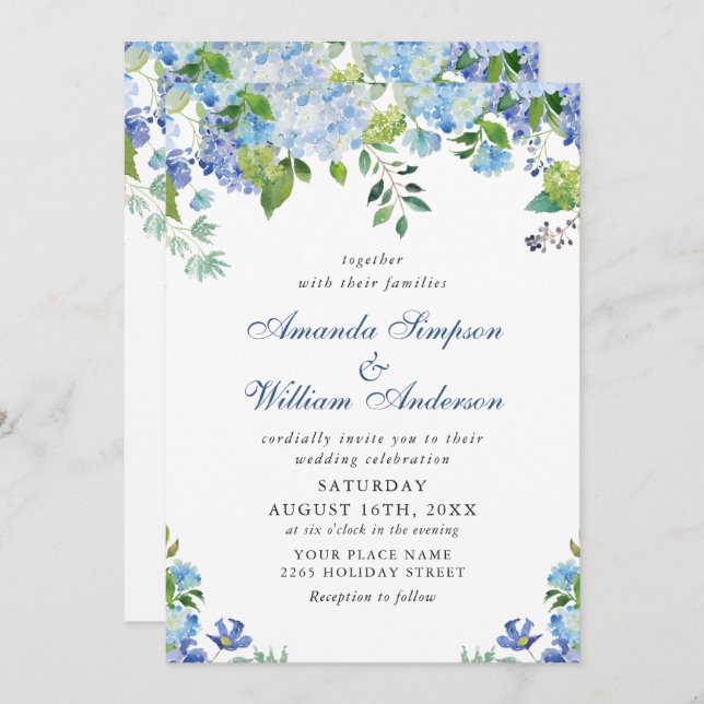 Convites Casamento Floral de Hydrangea Blue Watercolor (Frente/Verso)