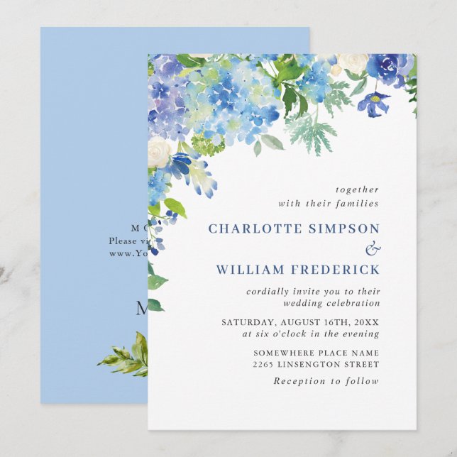 Convites Casamento Floral de Hydrangea Blue Watercolor (Frente/Verso)