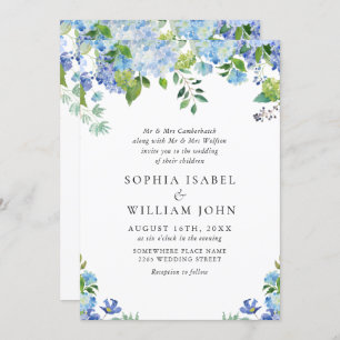 Convites Casamento Floral de Hydrangea Blue Watercolor