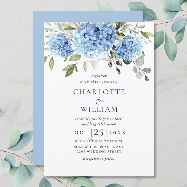 Convites Casamento Floral de Hydrangea Blue Watercolor (Criador carregado)