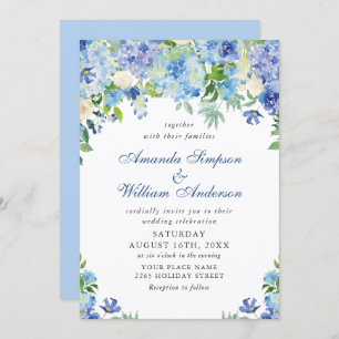 Convites Casamento Floral de Hydrangea Blue Watercolor