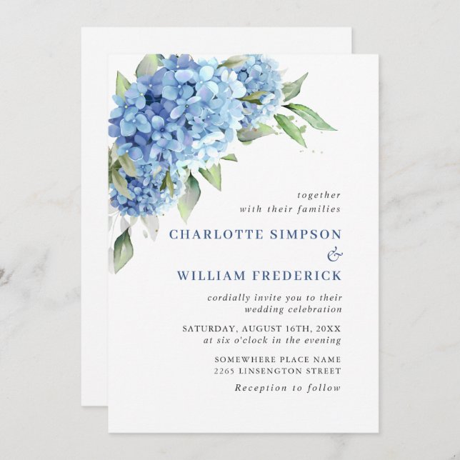 Convites Casamento Floral de Hydrangea Blue Watercolor (Frente/Verso)