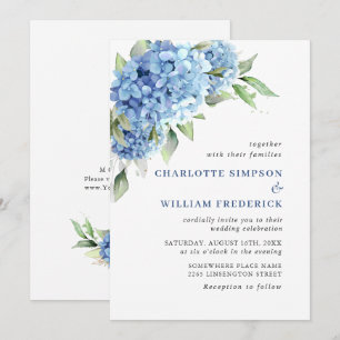 Convites Casamento Floral de Hydrangea Blue Watercolor