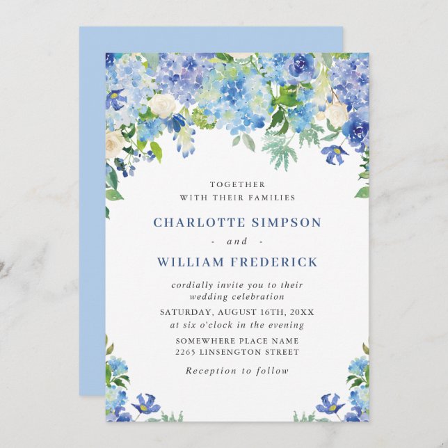 Convites Casamento Floral de Hydrangea Blue Watercolor (Frente/Verso)