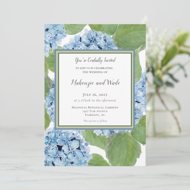 Convites Casamento Floral de Hydrangea Hydrangea Azul Elega (Em pé/Frente)