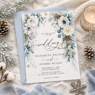 Convites Casamento Floral de Inverno Azul Empoeirado Modern