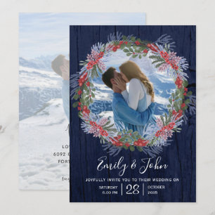 Convites Casamento Floral de Inverno Azul Naval Elegante