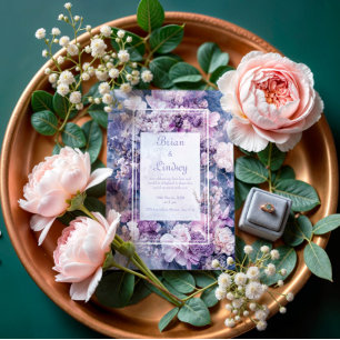 Convites Casamento Floral de Inverno com Azul Mármore Lilás
