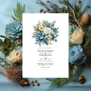 Convites Casamento Floral de Inverno com Pinho, Latão e Azu