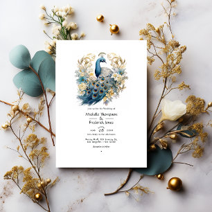 Convites Casamento Floral de Inverno em Cinza, Azul Pavão e