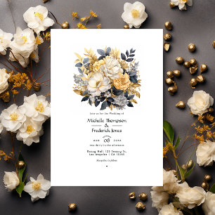 Convites Casamento Floral de Inverno em Dourado, Preto e Br
